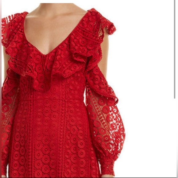 FRENCH CONNECTION Red Lace Ruffle Cold Shoulder Mini Dress Party Cocktail 8 - Picture 4 of 10